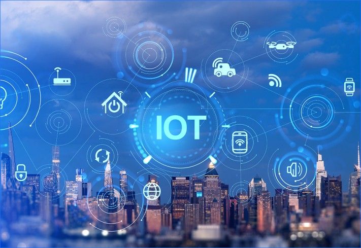 Internet of Things (IoT) smart city with connected devices and digital transformation technology