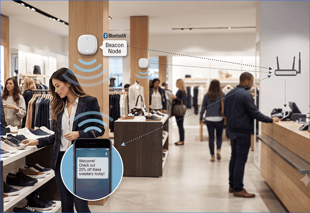 Beacon marketing using Bluetooth technology to deliver personalized offers based on customer location