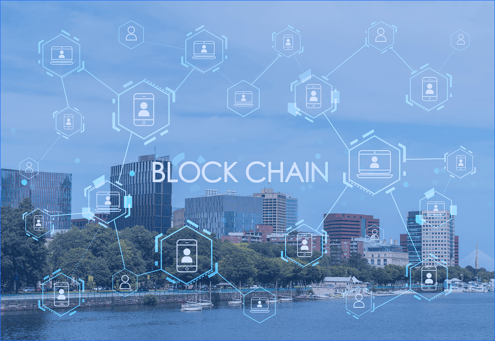 Blockchain technology network connecting digital devices for secure financial transactions