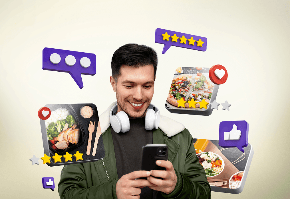 Person using a smartphone surrounded by food images, ratings, and social icons, representing customer reviews and digital engagement.