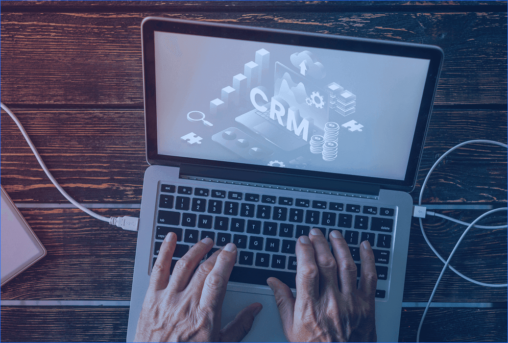 Customer relationship management (CRM) software dashboard on laptop for managing customer data