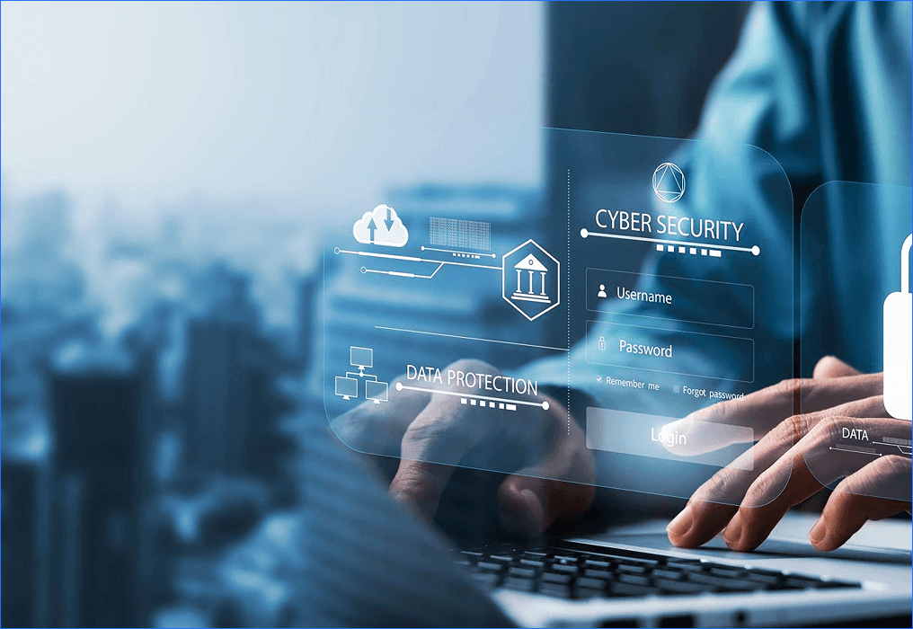 Cybersecurity and data protection concept with secure login system and digital security interface