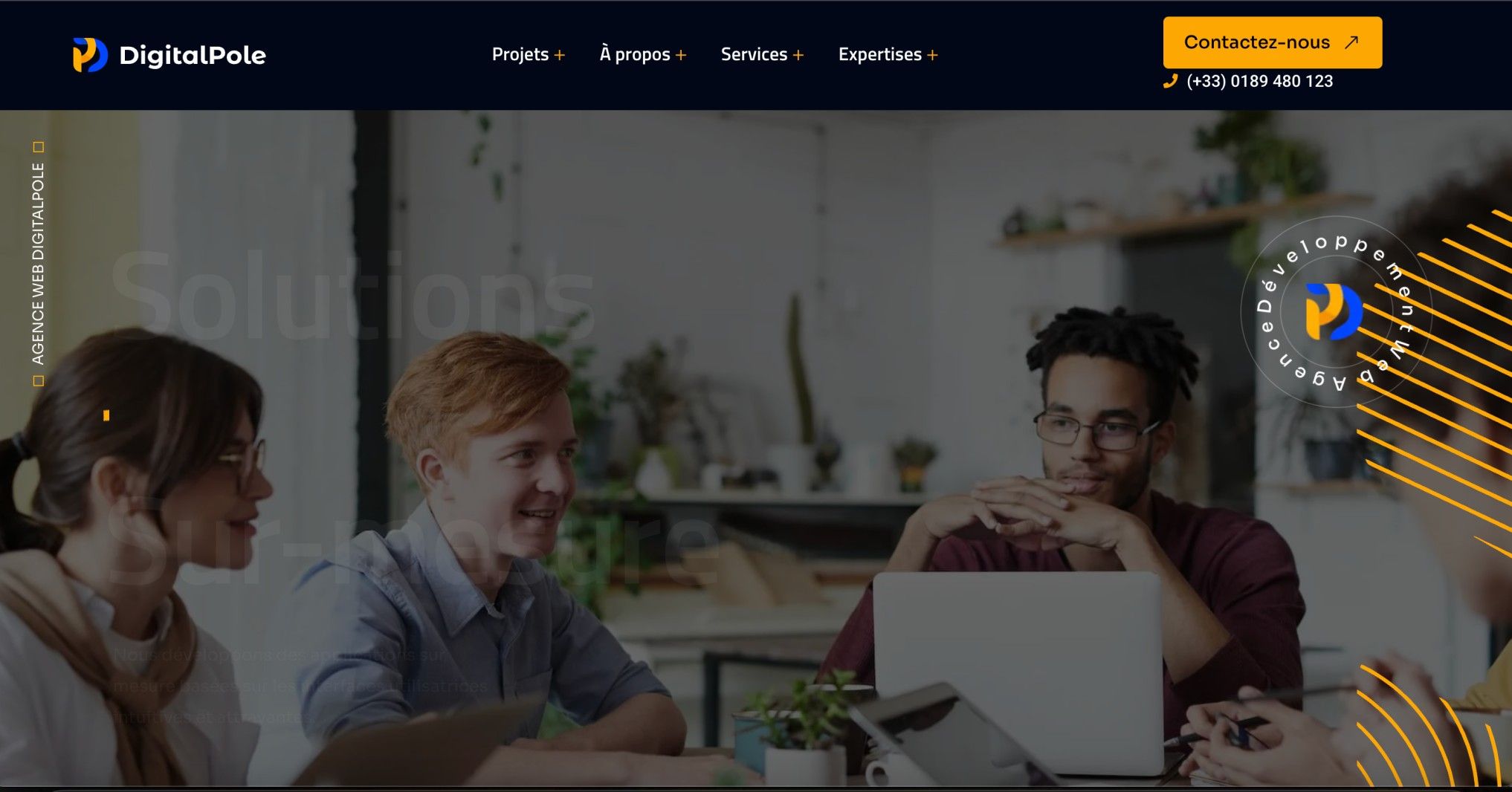 Web development and digital marketing agency team discussing projects and services in a collaborative workspace