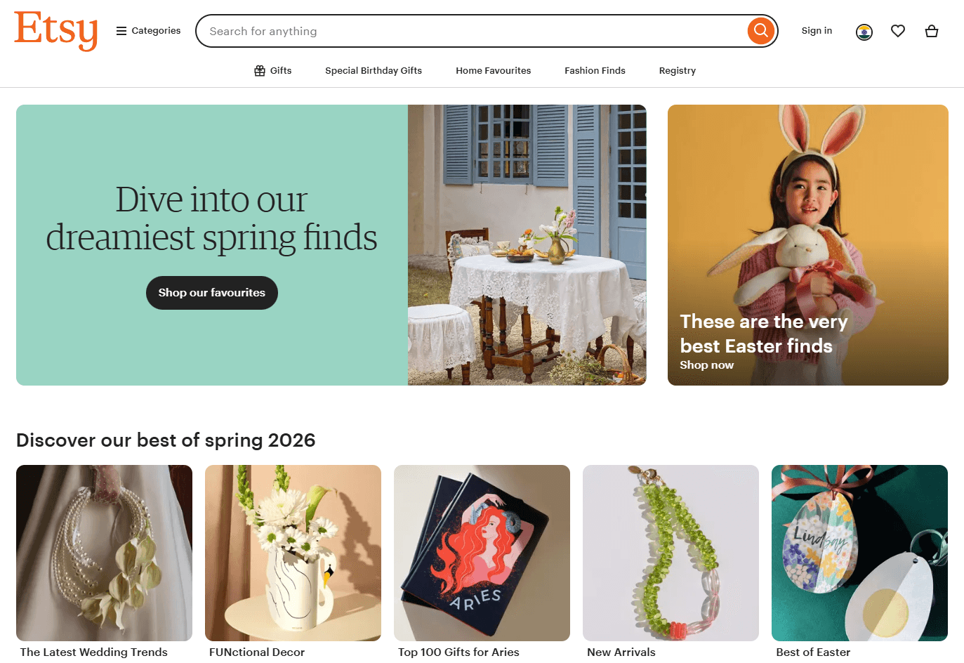 Etsy home page