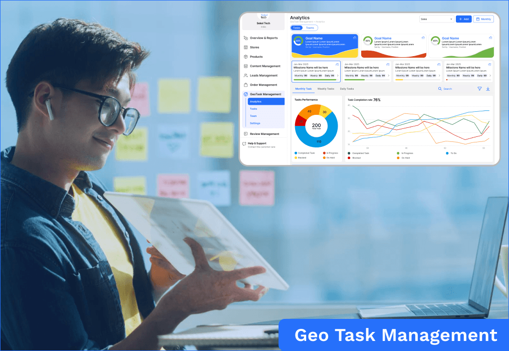 Professional using tablet with geo task management analytics dashboard, showing task performance, progress tracking, and data insights for business operations
