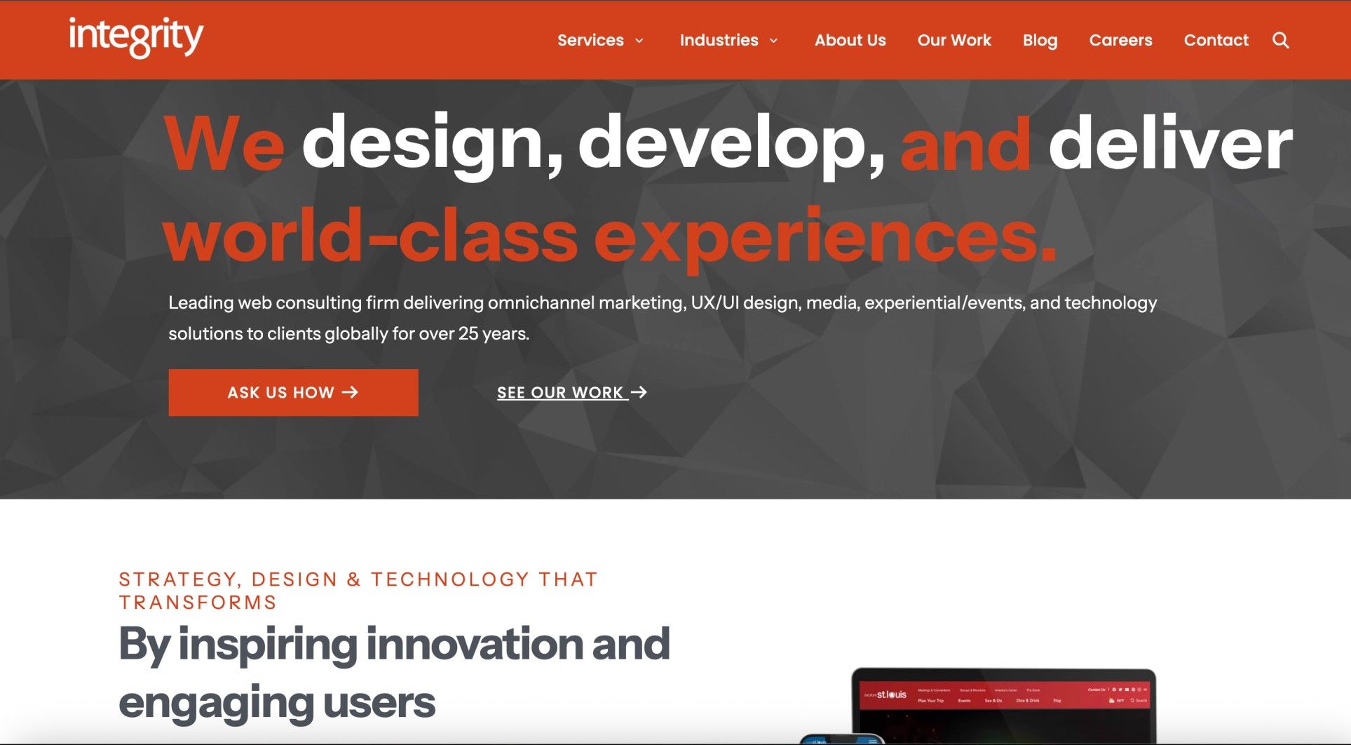 Integrity website banner highlighting design, development, and world-class digital experiences.