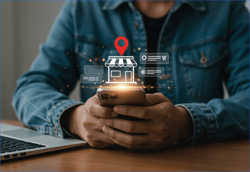 Person using a smartphone with a digital store icon and location pin appearing above it, representing local business discovery and mobile-based shopping.