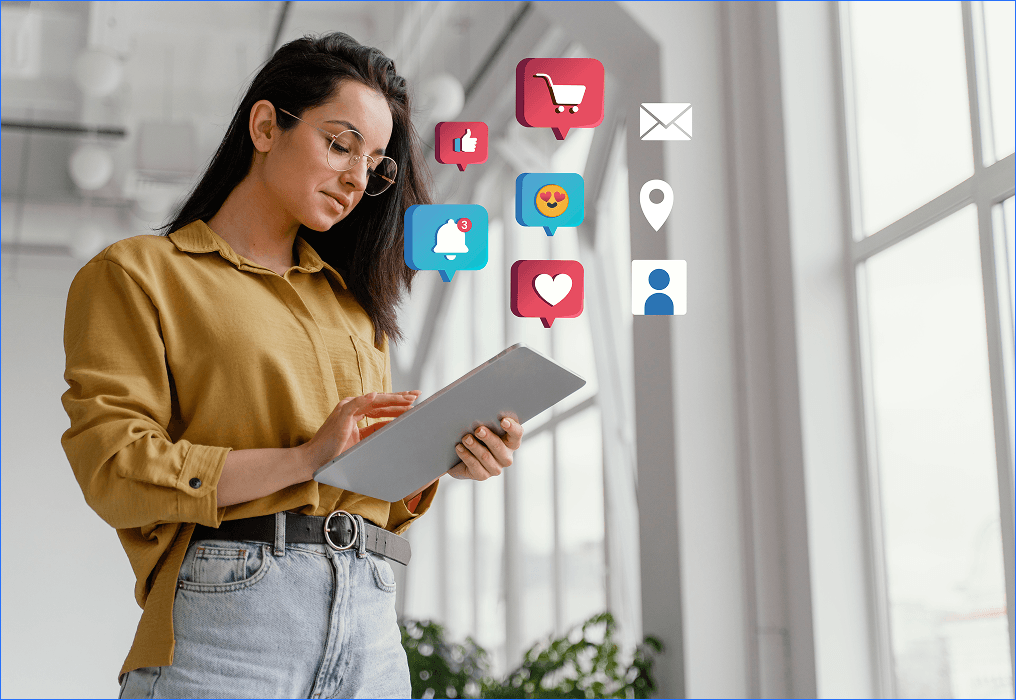 Person using a tablet with social media and marketing icons representing retail digital marketing and advertising.