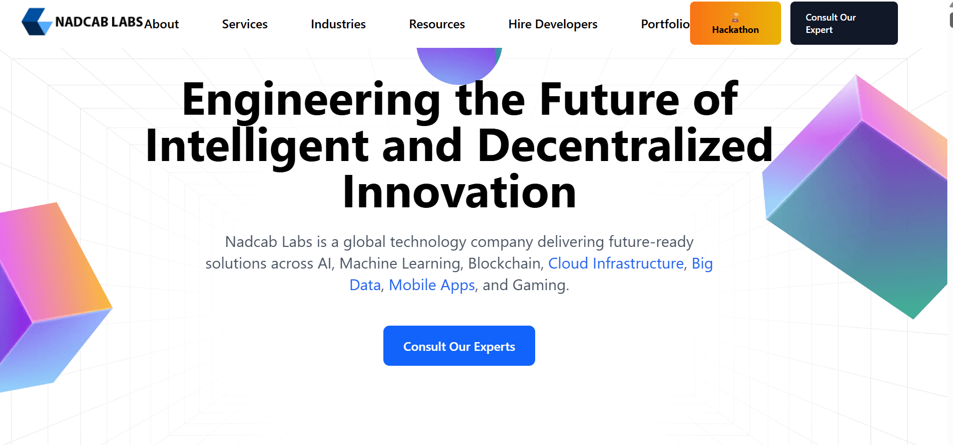 Homepage of Nadcab Labs featuring technology solutions in AI, machine learning, blockchain, cloud infrastructure, and gaming development.