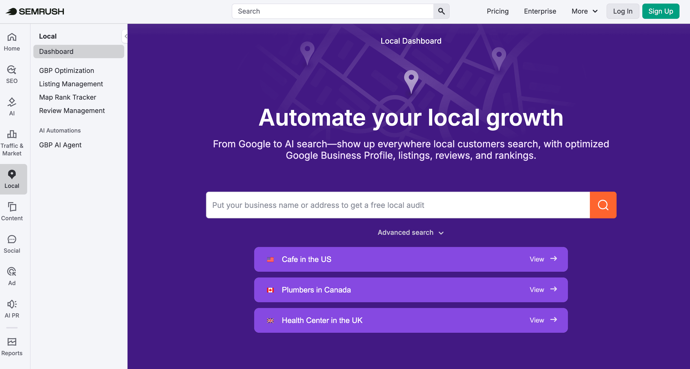 Local Business Marketing Agency - semrush homepage 2026