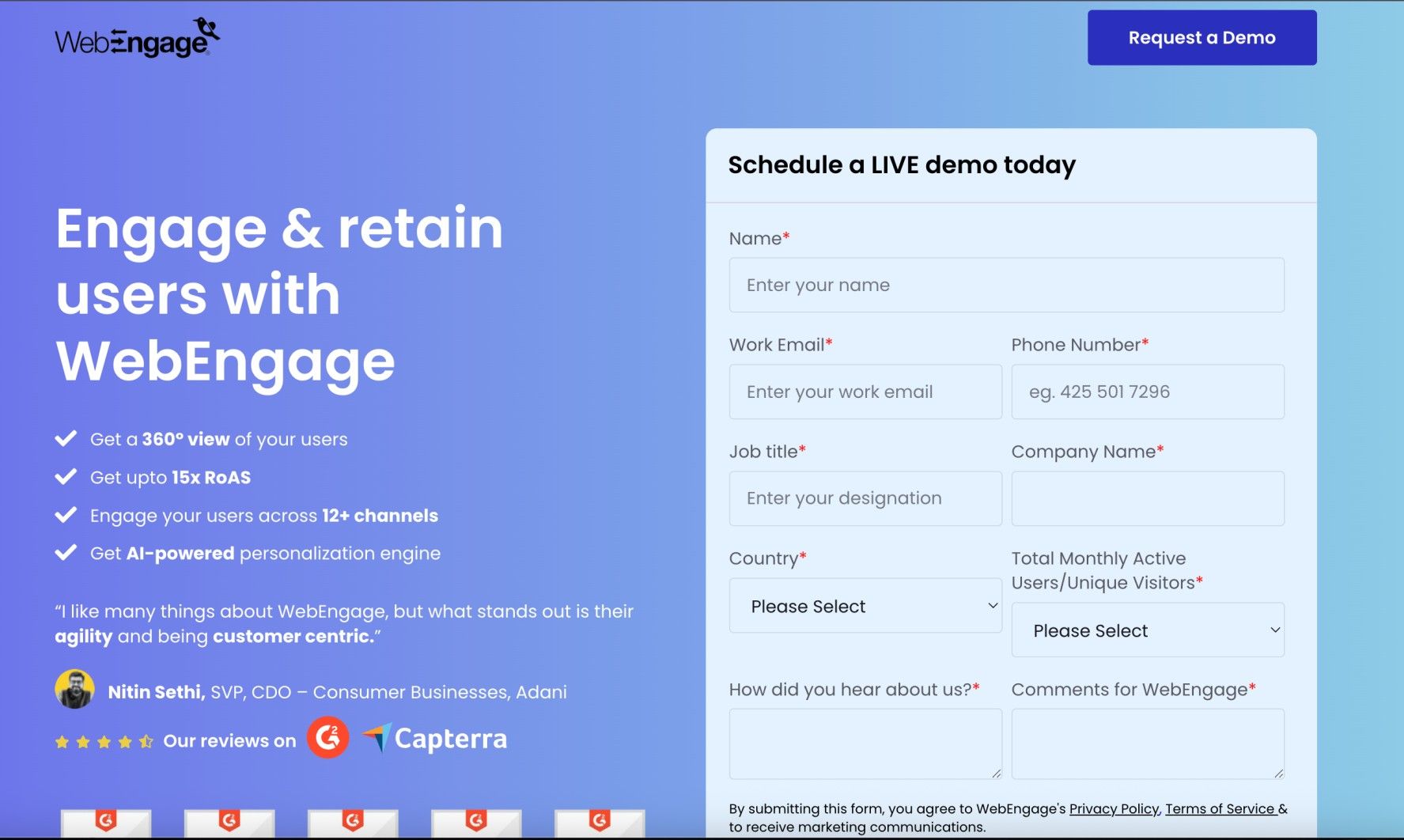 WebEngage landing page with features and demo request form.