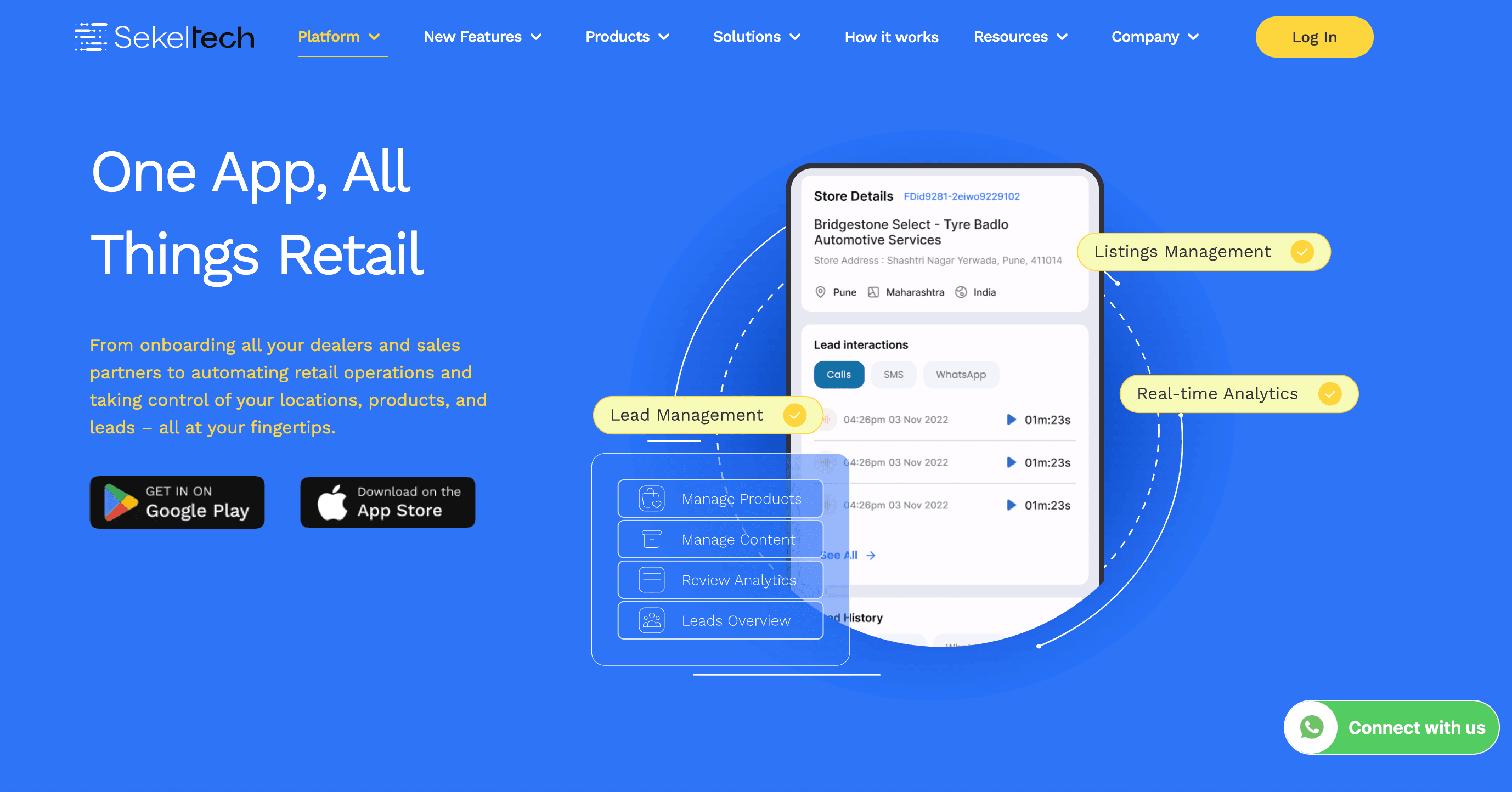 Sekel Tech sellrapp showing a retail management app interface with features like lead management, listings management, and real-time analytics.