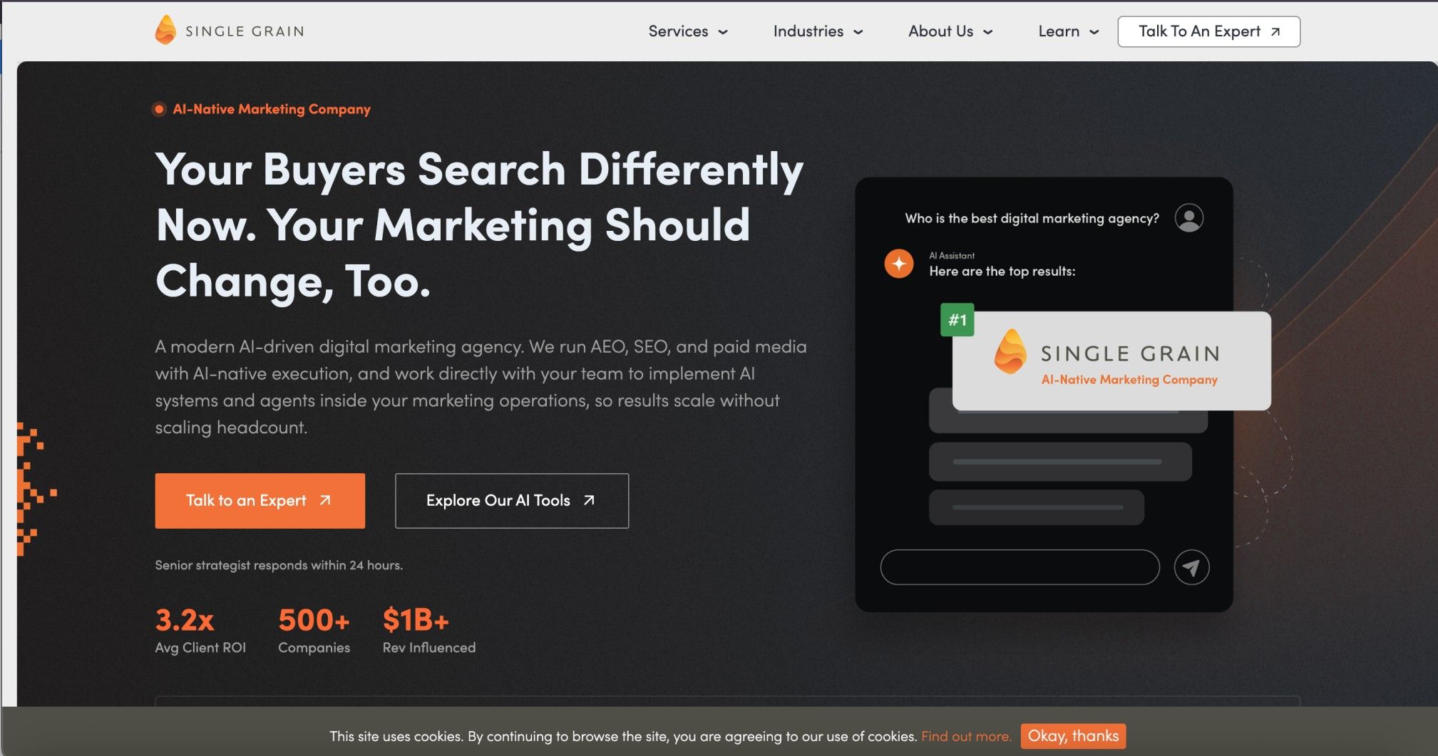 AI-driven marketing agency landing page highlighting modern digital marketing services and tools