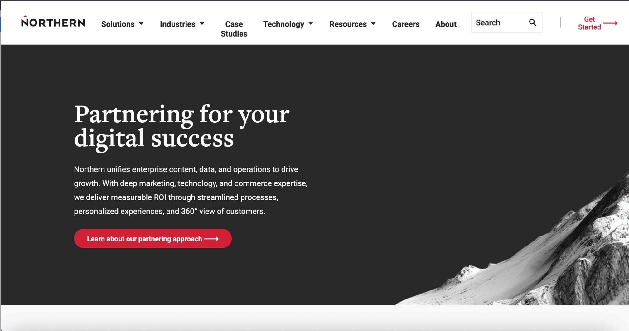 Digital agency website banner with “Partnering for your digital success” message, CTA button, and minimalist mountain graphic on dark background.