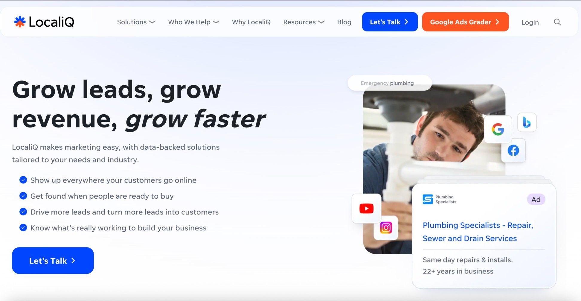 LocaliQ homepage banner showing “Grow leads, grow revenue, grow faster” with digital marketing features and a plumber ad example across Google, Facebook, and social platforms