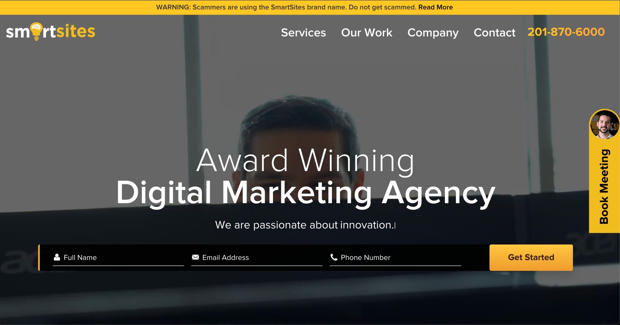 SmartSites homepage banner promoting an award-winning digital marketing agency with contact form.