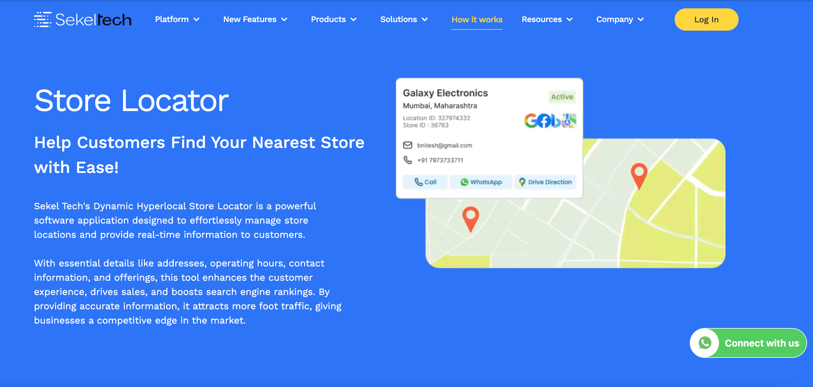 Store locator feature showing map pins and business details to help users find nearby stores easily
