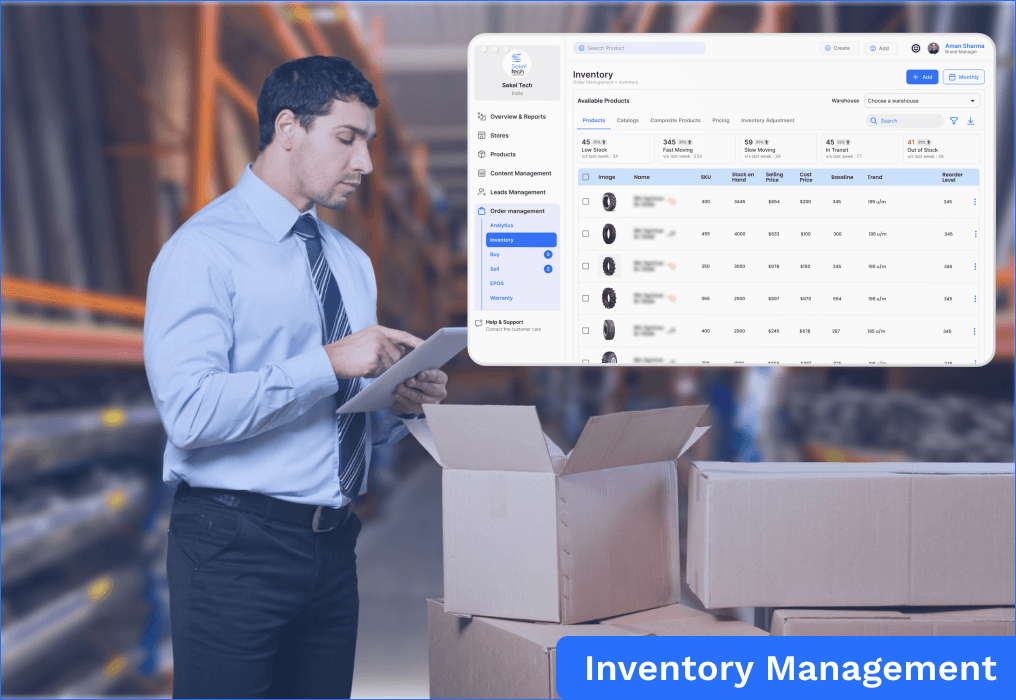 Man managing warehouse inventory using a tablet with digital inventory management dashboard, boxes stacked around, representing order and stock management system.