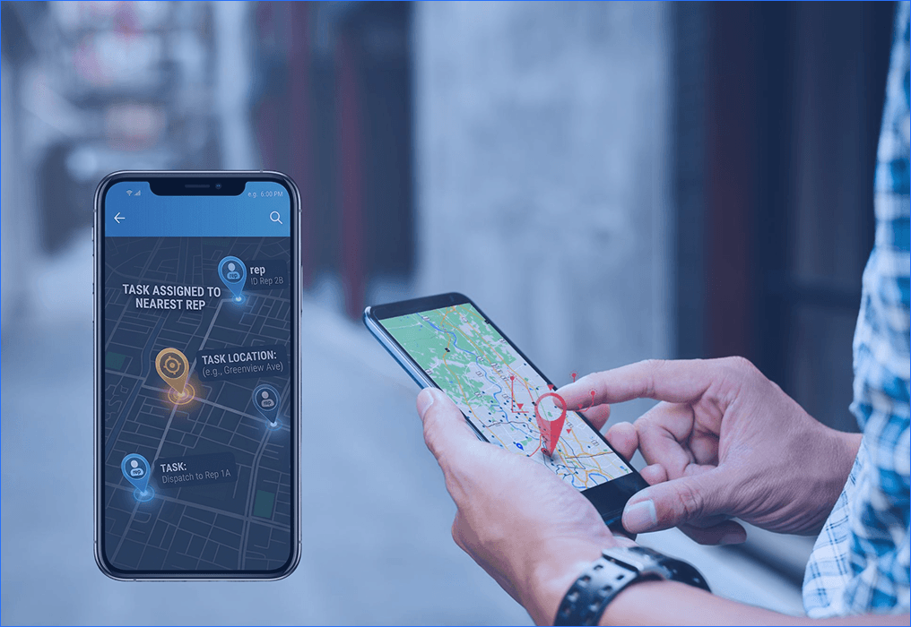 User tracking location on smartphone map with task assignment interface.