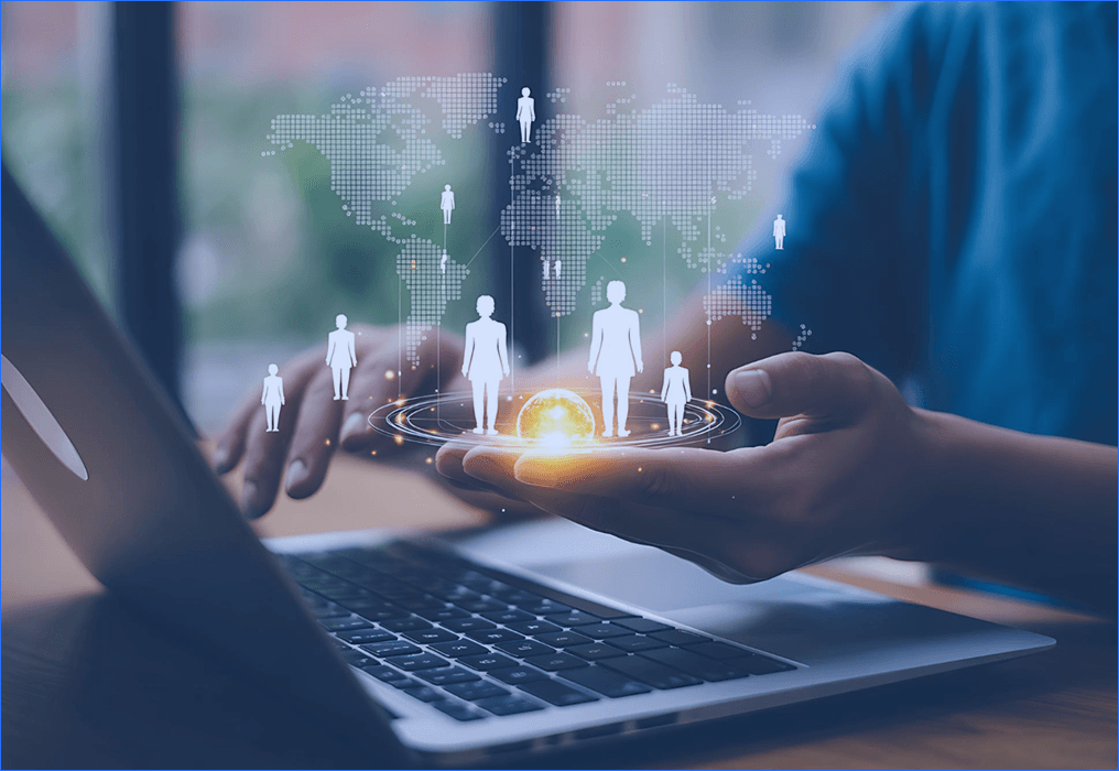 Digital global audience network with connected user icons above a laptop, representing demand generation marketing and customer targeting strategy.