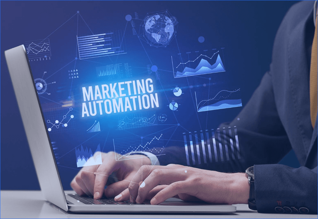 Illustration of marketing automation with data charts, performance graphs, and analytics overlays displayed on a laptop screen during active use.