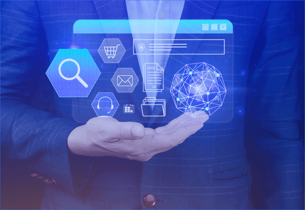 Business professional holding a digital interface with icons for data, communication, and global connectivity, representing digital transformation systems.