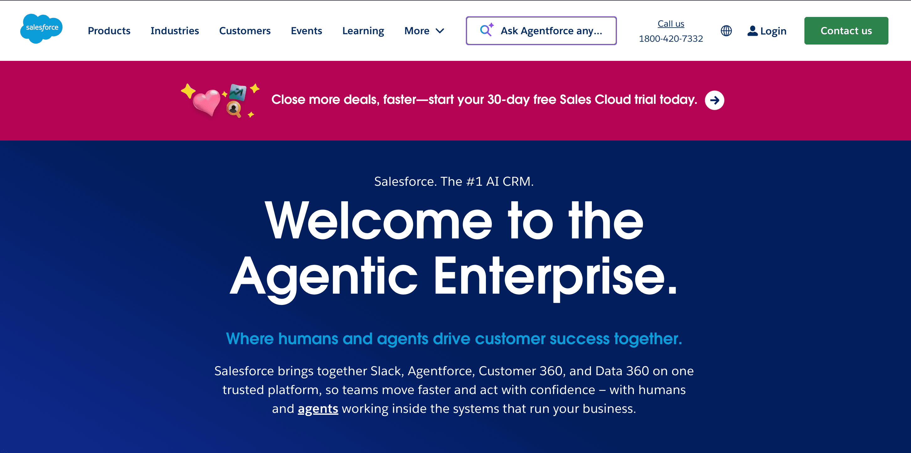 Salesforce homepage banner with “Welcome to the Agentic Enterprise” promoting AI-powered CRM.
